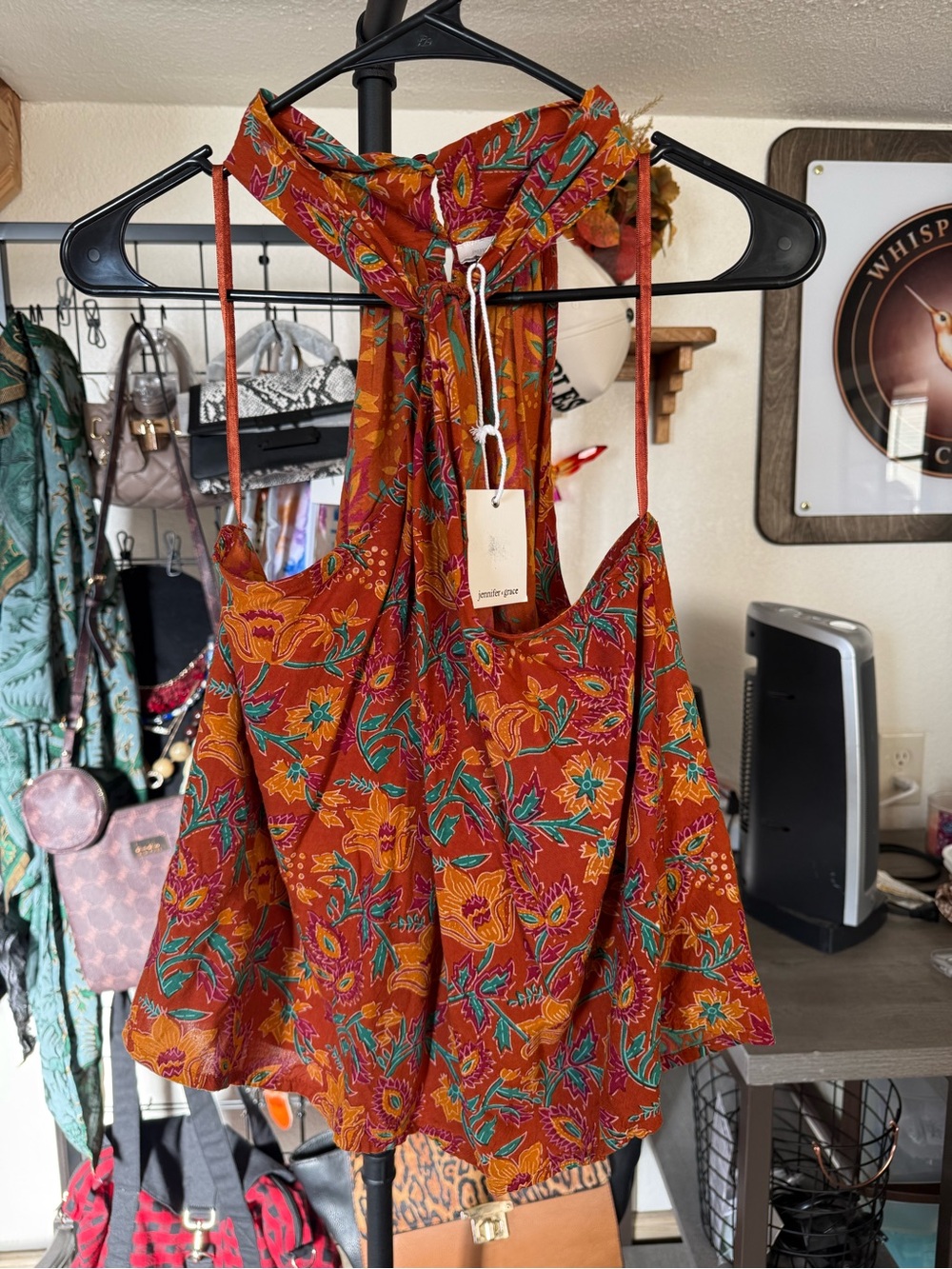 Jennifer Grace Boho Floral Halter Tank Top Size Large Rust Orange Rayon NWT